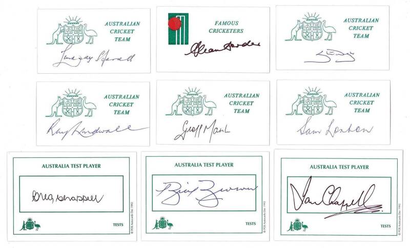 AUSTRALIA: Signed autograph cards (69 - cards with "Australia Test Player" printed in green), nice collection including Shane Warne, Steve Waugh, Bob Simpson, Rick McCosker, Ken Archer, Glenn McGrath, Sam Loxton, Rod Hogg, Bill Brown, Lindsay Hassett & Ra