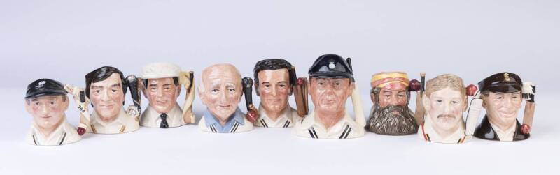ROYAL DOULTON CHARACTER JUGS, small size, Ted Lynch's collection comprising W.G.Grace, The Hampshire Cricketer, Dickie Bird, Ian Botham, Denis Compton, Jack Hobbs, Len Hutton, Brian Johnston & Freddie Trueman. c1985-98.