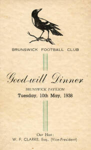 FOOTBALL MEMORABILIA, noted VFL embroidered jacket pocket; VFL tie pin; VFA membership badges for 1946, 1973 & 1978; 1938 Brunswick FC good-will dinner menu; Bank of NSW Collingwood football money-box; 1974 North Melbourne reserves annual report; invitati