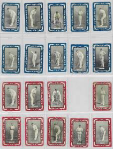 1909 Wills (Australia) "Australian & English Cricketers", Blue borders [17/25 + 3 spares] & Red borders [22/25 + 11 spares]. Fair/VG. (Total 53).
