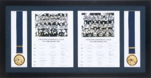 GEELONG: "1951 & 1952 VFL Premiers" display, comprising 1951 Geelong team sheet with 17 signatures, 1952 Geelong team sheet with 16 signatures, window mounted with photographs of each team, and 1951 & 1952 Premiership medallions (given to players at the G