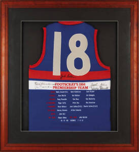 FOOTSCRAY/WESTERN BULLDOGS: Footscray jumper embroidered on reverse with details of Footscray's 1954 Premiership Team, with 5 signatures - Jack Collins, Wally Donald, Herb Henderson, Jim Gallagher & John Kerr, window mounted, framed & glazed, overall 91x1