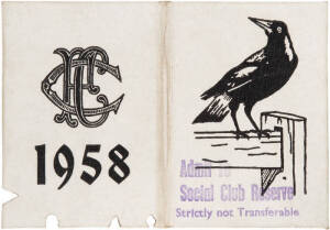 COLLINGWOOD: Member's Season Tickets for 1955, 1956, 1957 & 1958 (Premiership Year), each with fixture list & hole punched for each game attended. Fair/Good condition.