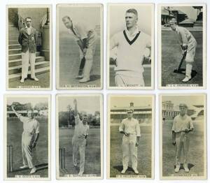 1929 Wills (Australia) "Cricket Season 1928-29", complete set, including all 8 of the hard to find cards - Andrews, A'Beckett, Bettington, Hooker, Ironmonger, Kelleway, Nothling & Scott. Mainly G/VG.