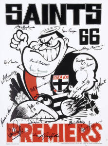 ST.KILDA: 1966 Premiership Team, "SAINTS 66" Weg poster, signed at 2004 Premiership Players Club induction, with 18 signatures including Ian Cooper, Ross Smith, Verdun Howell & Barry Breen, limited edition 11/66, size 42x60cm. With CoA.