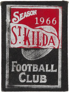 ST.KILDA: Member's Season Ticket for 1966, with fixture list & hole punched for each game attended. Adult ticket with red & silver printing on black background. Good condition. [The magic year! St.Kilda's first & only Premiership].