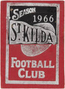 ST.KILDA: Member's Season Ticket for 1966, with fixture list & hole punched for each game attended. Junior ticket with black & silver printing on red background (rare!). Good condition. Also "The Age, League Football Fixtures, 1966, St.Kilda"; "The Saint"