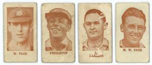 c1932-33 weight cards showing "Cricketers", with W.&T.Avery (Melbourne) - M.W.Tate; Jermyn's Tea & Coffee (Ballarat) - L.Darling, Fingleton & W.Voce. Fair/G. Scarce. (Total 4).