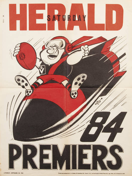 WEG & NEWSPAPER POSTERS: 1984 Essendon original Weg poster; 'Herald' Weg Finals eve posters - 1971 Haw v StK; 1973 Carlton v StK (2), 1973 Richmond & 1973 Grand Final - Richmond v Carlton; 'The Sun' 1973 predictor poster for Richmond (artwork by Jeff Hook