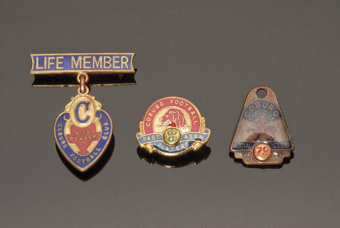 COBURG FOOTBALL CLUB: "Life Member/Coburg Football Club" badge; "Coburg Football/Past Players Ass'n" badge with "85" year plug; "Coburg FC/Social Club" badge with "78" year plug.