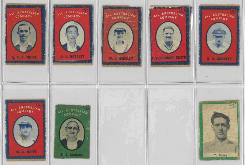 c1938-50 Duncan's matchbox labels showing Australian & English Cricketers (8), noted Lindsay Hassett, Bill O'Reilly & T.Bailey. Fair/G.