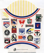 WINE LABELS & WRAPPERS: Binder with Peters "Footy Colours" ice cream wrappers (2); c1980 wine labels featuring premiership teams (89); McDonalds chip buckets with football motifs (9). Fair/VG.