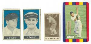 1946-54 Coles cricket cards, noted 1946-47 without framelines [23/40 + 12 spares]; 1946-47 with framelines [11/40 + 1 spare]; 1951 [2/48]; 1953-54 [8/28 + 1 spare]. Fair/VG. (Total 58).