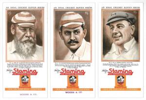 c1947 Stamina blotters "An Ideal Cricket Eleven Series" [8/11] - No.1 W.G.Grace, No.2 K.S.Ranjitsinhji, No.3 M.A.Noble & No.4 W.W.Armstrong, No5 A.Cotter, No.6 Hugh Trumble, No.9 Victor Trumper & No.11 C.Hill. Latter with tone spots, others G/VG condition