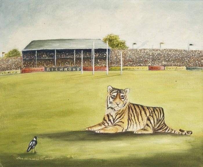 RICHMOND: Original painting by Maureen Condon showing tiger in front of Richmond grandstand, oil on baord, signed and dated 82, framed, overall 52x46cm.