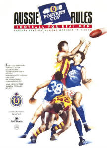 FOOTBALL POSTERS: Interesting range, noted rare 1988 poster for VFL post season exhibition match in Canada (Collingwood v Hawthorn); advertising posters for football cards; SANFL posters 1984 Big Ben (1) & 1990 Ma Kelly (2). Various sizes, Fair/VG. Inspec