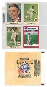 1965-90 Scanlens group, noted 1965 "Cricketers" [20/40 + 1 spare]; 1967 "Krazy Kricket" [11/68 + 1 spare]; 1986 "Clashes for the Ashes" [28/66] & wrappers (3); 1989 "Cricketers" [2/84]; 1990 Cricketers" [7/84 - one signed by Dean Jones]. Poor/G. (73 items