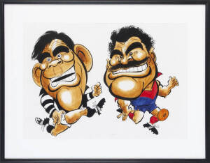 RON BARASSI & LOU RICHARDS/WEG ARTWORK: Original artwork of Ron Barassi & Lou Richards, window mounted, framed & glazed, overall 89x70cm.