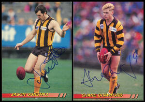 SIGNED FOOTBALL CARDS: Collection comprising Adelaide (9), Brisbane (14), Carlton (15), Collingwood (16), Essendon (4), Fitzroy (7), Footscray (23), Fremantle (1), Geelong (20), Hawthorn (22), Melbourne (10), Kangaroos (18), Richmond (11), St.Kilda (10), 