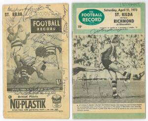 ST.KILDA: 1965 (May 8) "Football Record" with 17 signatures on front cover including Carl Ditterich, Ross Smith & Ian Stewart; plus 1973 (April 21) "Football Record" with 15 signatures on covers.