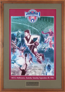 1996 AFL CENTENARY HALL OF FAME LEGENDS: 1996 Centenary Grand Final poster, with 7 signatures - John Nicholls, Leigh Matthews, Dick Reynolds, Polly Farmer, Bob Pratt, Bobby Skilton & Jack Collins, limited edition 30/50, window mounted, framed (no glass), 