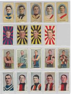 1904-13 Sniders & Abrahams football cards, noted 1904 (1), 1905-06 (1), 1906-07 (5), 1907-08 (5), 1909-10 (5), 1910-11 Rays (4), 1911-12 Pennant (1), 1912-13 Star (1), 1913-14 Shield (1), Incidents in Play (1). Poor/VG. (Total 25).