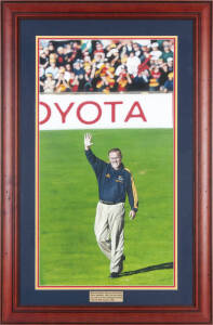 MALCOLM BLIGHT: Original painting by Matthew Welsby "Malcolm Blight walking off Football Park, Adelaide, after his last game as Coach of the Adelaide Football Club on 29th August, 1999", acrylic, signed lower right, window mounted, framed & glazed, overal