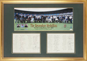 BROWNLOW MEDALLISTS: "The Brownlow Medallists", display with signatures of 49 Brownlow medallists including Dick Reynolds, Keith Greig, Ian Stewart, Bob Skilton, Verdun Howell, Brian Gleeson, Michael Voss, Kevin Murray, Peter Bedford, Tony Liberatore, Mal