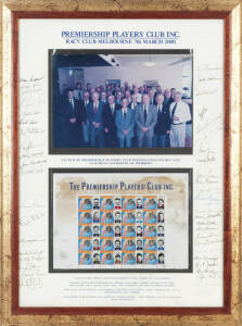 PREMIERSHIP PLAYERS' CLUB: 2000 display "Launch of Premiership Players' Club Personalised Stamps and Luncheon Gathering of Members" comprising sheet of 20 personalised stamps, window mounted with photograph of gathering, with 49 signatures on mount includ