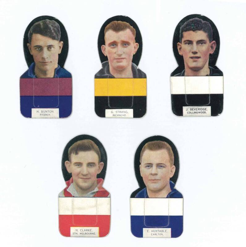 c1933 Wills "Football Portraits and Club Colours" Die-Cut Stand-up Cards, complete set [5]. Mainly G/VG. Rarity 8.