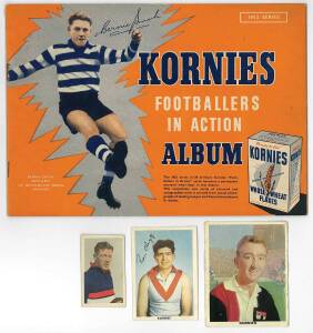 1948-53 Kornies football cards, noted 1948 (12 - including 4 printed on both sides); 1949 (12); 1950 (15); 1951 (21); 1952 (7 + 11 stuck into album); 1953 (2); 1954 (4) & 1959 (1). Poor/G. (Total 85).
