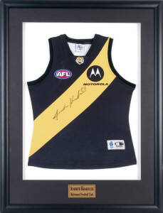 ANDREW KRAKOUER & MARK BICKLEY: Andrew Krakouer signature on Richmond football jumper, window mounted, framed & glazed, overall 82x108cm; plus Mark Bickley (Adelaide - first Premiership captain), signature & endorsement on Adelaide football jumper, framed