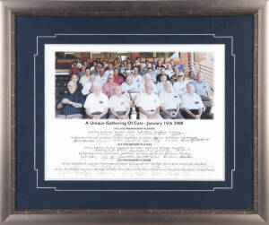 GEELONG: "A Unique Gathering of Cats" display, comprising group photograph of the 1951/52, 1963 & 2007 Premiership players, with 48 signatures below including Bob Davis, Bill Goggin, Doug Wade, Gary Ablett, Cameron Ling, Tom Harley & Matthew Scarlet, wind