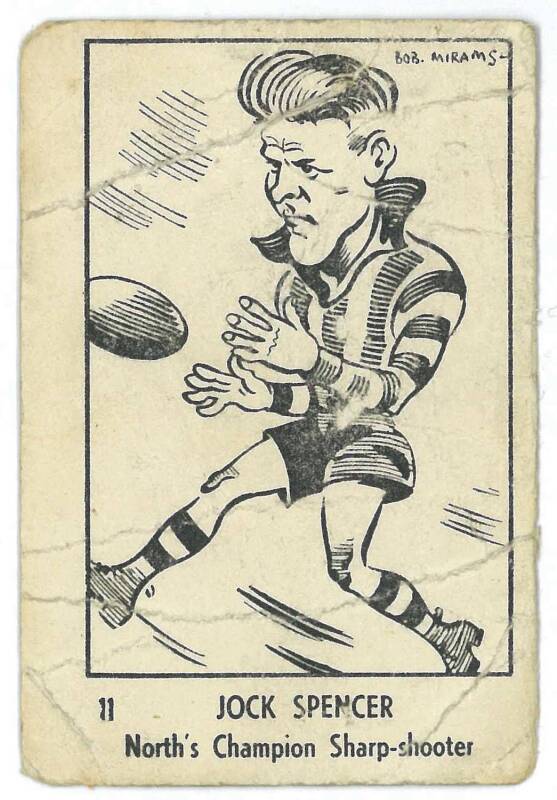 1950 Victorian Nut Supplies "Leading League Players Caricatures by Bob Mirams" [1/18 known] - No.11 Jock Spencer (North Melbourne). Fair (creases). Rarity 9.