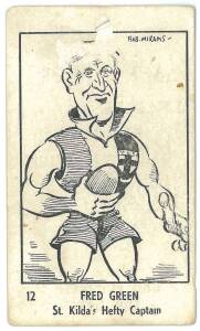 1950 Victorian Nut Supplies "Leading League Players Caricatures by Bob Mirams" [1/18 known] - No.12 Fred Green (St.Kilda). Fair (surface fault). Rarity 9.
