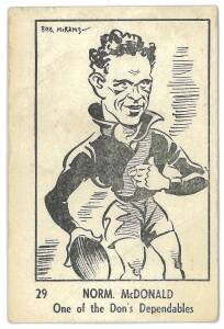 1950 Victorian Nut Supplies "Leading League Players Caricatures by Bob Mirams" [1/18 known] - No.29 Norm McDonald (Essendon). Fair/G. Rarity 9.