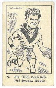 1950 Victorian Nut Supplies "Caricatures of Australian Sportsmen by Bob Mirams" [1/15 footballers] - No.24 Ron Clegg (South Melb). G/VG. Rarity 9.