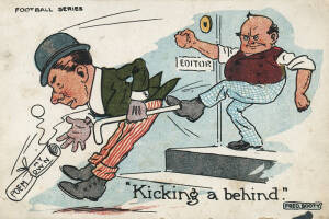 1906 Fred Booty "Football Series" postcard [1/3 known] - "Kicking a Behind", published by V.S.M. Fair/G.