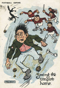 1906 Fred Booty "Football Series" postcard [1/3 known] - "Seeing the umpire home", published by V.S.M. Fair/G.