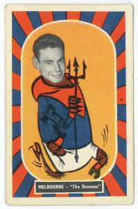 1957 Kornies "Footballer - Mascot Swap Cards", [1/36] - No.3 Ron Barassi (Melbourne). G/VG.