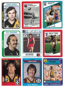 1966-91 Scanlens football cards, noted 1966 (1), 1967 (10), 1968 (2), 1969 (4), 1970 (1), 1972 (3), 1974 (4), 1975 (1), 1976 (1), 1977 (23), 1978 (1), 1979 (153), 1980 (3), 1981 (6), 1982 (180), 1985 (3), 1986 (2), 1989 (18), 1990 (1) & 1991 (2); also sig