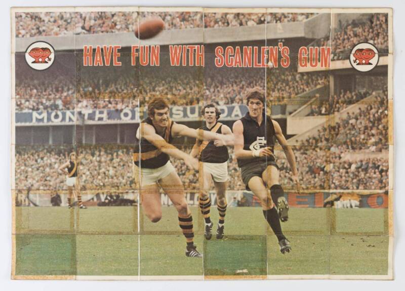 1972-76 Scanlens football cards stuck to contact to show reverse pictures, with 1972 [66]; 1973 Series A [72]; 1973 Series B [72]; 1976 [132].