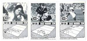 c1968-2009 RL cards, noted 1976 Coles/Daily Mirror "Top Try" [9/10]; few Scanlens (13); 1994 Dynamic "94 Masters" [109/110]. Mainly G/VG. (Total 189).