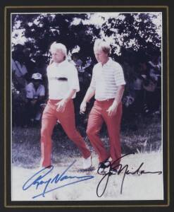 GREG NORMAN: Photographs, one signed by Greg Norman & other signed by Greg Norman & Jack Nicklaus, each framed & glazed, with CoAs, largest 57x41cm.