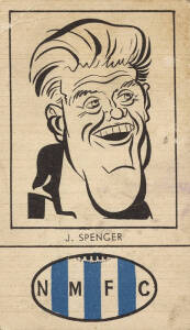 1954 Fyna Foods "Victorian Footballer Caricatures" [1/24] with club colours at base, No.17 J.Spencer (North Melbourne). G/VG. Rarity 8.