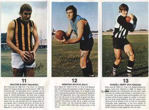 1971 Mobil "1971 Mobil Footy Photos - SANFL Footballers", complete set [40] stuck into album. Good condition. Scarce.