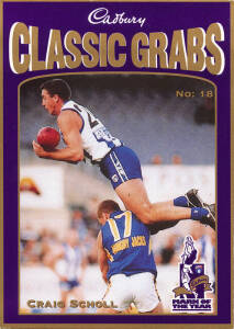 1998 Cadbury "Classic Grabs" error card No.18 "Craig Scholl", with normal card "Craig Sholl". The spelling mistake was noticed in the initial production trial run and corrected. Extremely rare. Also Chris Grant poster (with spaces to affix the cards) sign