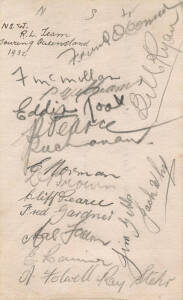 1932 NEW SOUTH WALES RL TEAM, autograph page with 17 pencil signatures including Frank O'Connor, Frank McMillan, Percy Williams, Bill Ryan, Cliff Pearce & Ray Stehr.