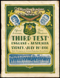 "The Rugby League News. Official Souvenir, Third Test, England v Australia, Sydney, July 18th 1936". Fair/Good condition.