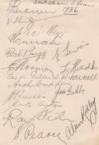 1936 AUSTRALIAN RL TEAM, autograph page with 17 pencil signatures including Dave Brown (captain), Vic Hey, Frank Curran, Wal Prigg, Eric Lewis, Ernie Norman & Ray Stehr.